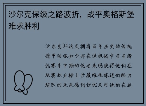 沙尔克保级之路波折，战平奥格斯堡难求胜利